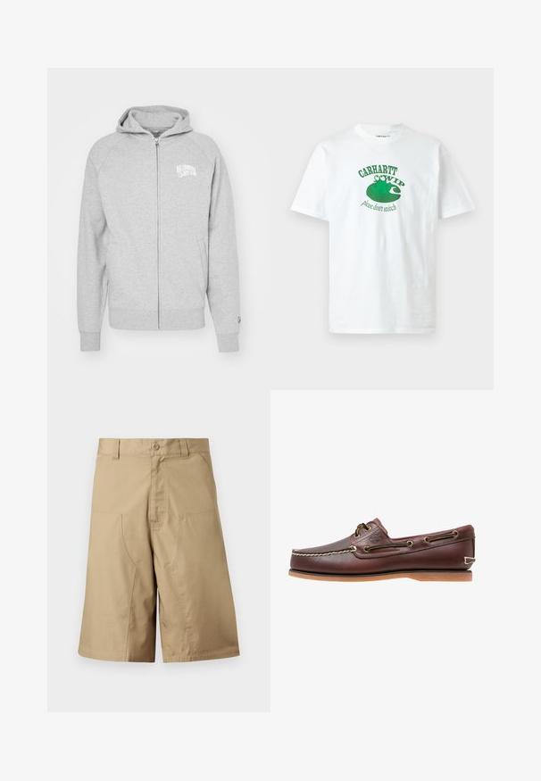 Graue Zip-Hoodie aus weichem Material. Mit Kapuze, gerippten Bündchen und einem Logo-Druck auf der linken Brust. Einfaches, lässiges Design.; Weißes T-Shirt mit kurzen Ärmeln und einer grünen Frosch-Grafik, die auf einem Seerosenblatt sitzt, und dem Text "Carhartt WIP bitte nicht petzen" auf der Vorderseite.; Khaki-Shorts mit geradem Schnitt, gefertigt aus leichtem Stoff, mit zwei Fronttaschen und einem Knopfverschluss in der Taille.; Brauner Leder-Bootsschuh mit weißen Nähten, Schnürdetails und hellbrauner Gummisohle, seitlich auf weißem Hintergrund gezeigt.