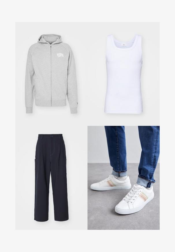 Hallhalli hallidega soe hall zip-up kapuutsiga. Omab kapuutsi, soonikuga varrukaotsasid ja logo trükist vasakul rinnal. Lihtne ja juhuslik disain.; Valge puuvillane golfi särk ilma varrukateta, ümmarguse kaelusega, sileda tekstuuri ja sobiva lõikega, mõeldud igapäevaseks kandmiseks.; Tumedad õhukesed cargo püksid siniste õmblustega, elastse vöökoha, kahe külgtasku, sirge jala disainiga ja pehme kangasmaterjaliga.; Valged nahast spordijalatsid mitmevärviliste triipudega, nööriga disain, kummist talla ja pehmendusega krae, kombineeritud siniste teksadega.
