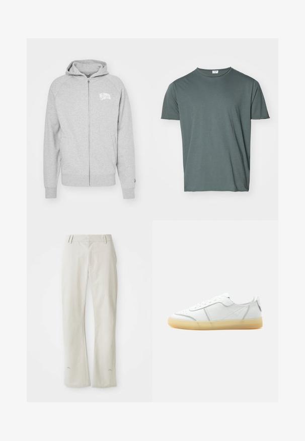 Sudadera gris con cremallera hecha de material suave. Cuenta con capucha, puños acanalados y un estampado de logo en el lado izquierdo del pecho. Diseño simple y casual.; Camiseta de cuello redondo verde oscuro, de manga corta, fabricada en un tejido suave, con un corte relajado, textura lisa, sin patrones ni acentos visibles.; Pantalones rectos de color gris claro, hechos de una tela suave. Cuentan con bolsillos delanteros, pasadores para cinturón y un logo sutil cerca del dobladillo.; Zapatilla blanca de piel de corte bajo con suela translúcida beige, cierre con cordones en la parte frontal y detalles de costura mínimos, mostrada de lado sobre un fondo liso.