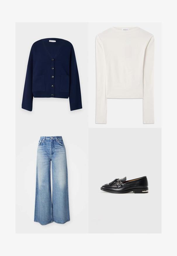 Marineblå strikket cardigan med V-hals, seks sorte knapper og to frontlommer. Har overdimensionerede ærmer og en cropped kant.; Hvid langærmet top lavet af bomuld, med en simpel rund hals og en slim fit. Stof er glat med en let stræk.; Videbenede jeans lavet af lys blå denim, med høj talje, fem lomme-design, bleget vask og flosset kant.; Sort læder loafer med kvaster og metalspænde detalje foran, lav hæl med sølvaccent, på en ensfarvet hvid baggrund.