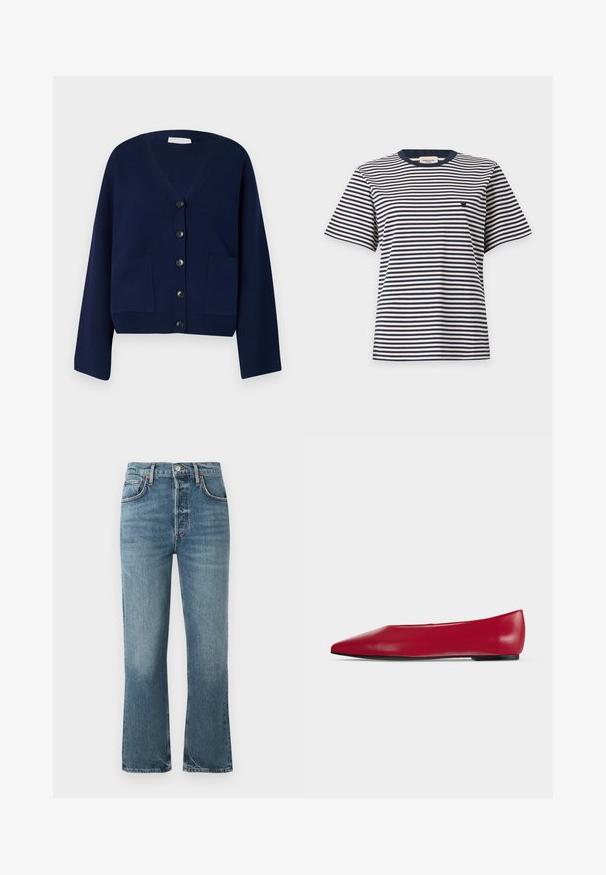 Navyblauwe gebreide cardigan met V-hals, zes zwarte knopen en twee voorzakken. Heeft oversized mouwen en een cropped zoom.; Kortemouwhemd met zwart-witte horizontale strepen en een klein geborduurd logo op de linkerborst, afgebeeld op een effen achtergrond.; Lichtblauwe denim jeans met een hoge taille, recht gesneden pijpen en subtiele vervaging. Kenmerken zijn klassieke vijf-pocket styling en een metalen knoopsluiting.; Rode leren platte schoen met puntige neus, zwarte zool en lage hak, zijaanzicht op een effen lichte achtergrond.