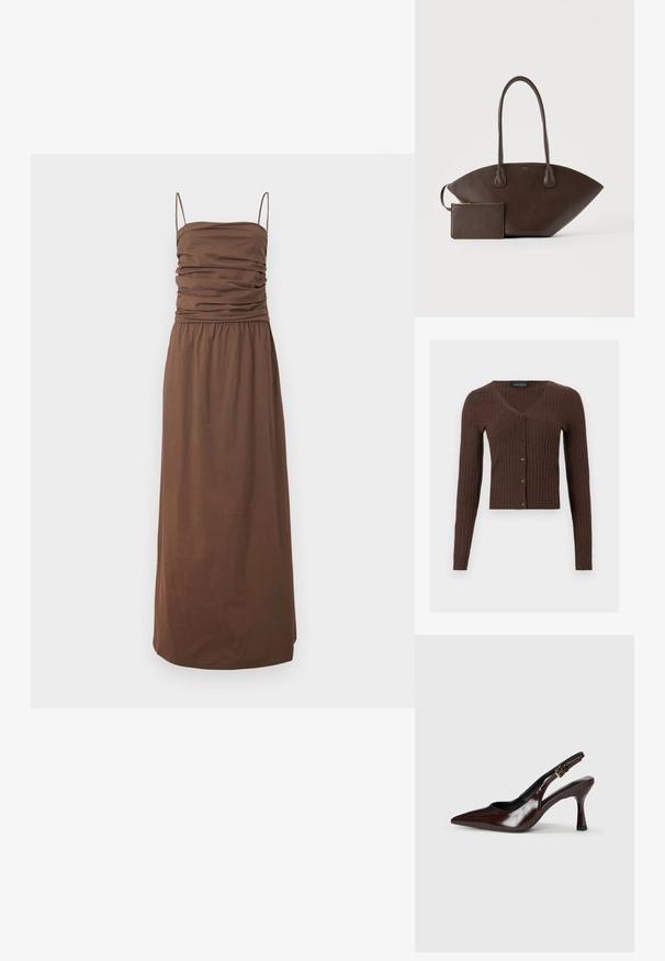 Cardigan en maille côtelée marron avec manches longues, col en V et fermeture à boutons sur le devant, étiquette de la marque "Anna Field" à l'intérieur du col.; Robe longue marron sans manches avec corsage froncé et fines bretelles spaghetti sur un fond clair uni.; Talons slingback en cuir verni brun avec un bout pointu, un talon fin, et une sangle réglable avec une petite boucle.; Sac à main en cuir marron foncé avec longues poignées et petite pochette assortie zippée sur un fond clair uni.