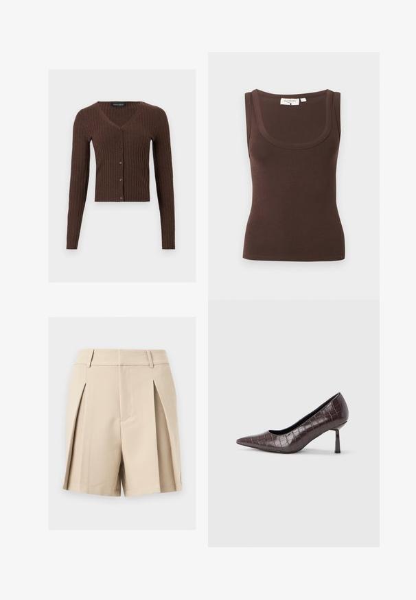 Cardigan en maille côtelée marron avec manches longues, col en V et fermeture à boutons sur le devant, étiquette de la marque "Anna Field" à l'intérieur du col.; Débardeur marron sans manches en tissu côtelé, avec larges bretelles et encolure arrondie, présenté sur un fond neutre.; Shorts beige taille haute, coupés sur mesure, avec passants de ceinture et plis avant, présentés sur un fond neutre.; Escarpins à bout pointu en similicuir marron avec une texture crocodile, dotés d’un talon fin et angulaire ainsi que d’une doublure intérieure lisse.