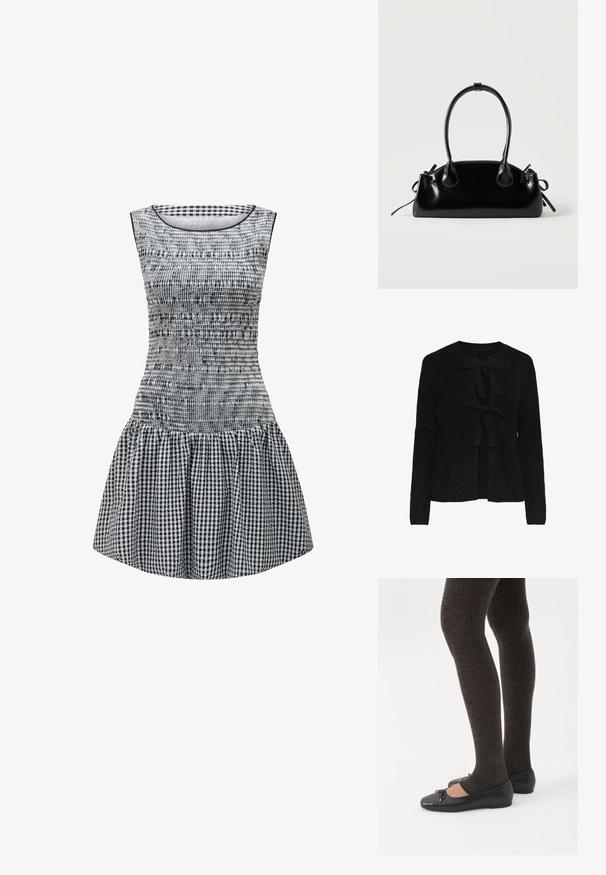 Cardigan noir en tricot avec un col rond, présentant deux liens sur le devant et un motif texturé. Manches longues et longueur cropped.; Robe en vichy noir et blanc avec un corsage ajusté, une texture froncée et une jupe évasée. Encolure ronde simple et design sans manches.; Jambes portant des leggings côtelés foncés associés à des ballerines noires avec de petits détails en nœud sur fond blanc.; Petit sac à main noir brillant avec deux longues anses et des détails à cordon sur les côtés sur un fond clair uni.