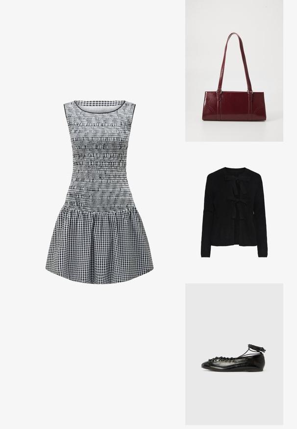 Cárdigan de punto negro con escote redondo, que cuenta con dos lazos frontales y un patrón texturizado. Mangas largas y longitud recortada.; Vestido a cuadros en blanco y negro con un cuerpo ajustado, textura fruncida y una falda acampanada. Cuello redondo sencillo y diseño sin mangas.; Zapatos planos tipo ballet de charol negro con punta redondeada, diseño con cordones y suela plana. Textura lisa con detalles mínimos.; Bolso burdeos hecho de material brillante, de forma rectangular, con dos asas para el hombro y sutiles acentos curvados en la parte frontal.