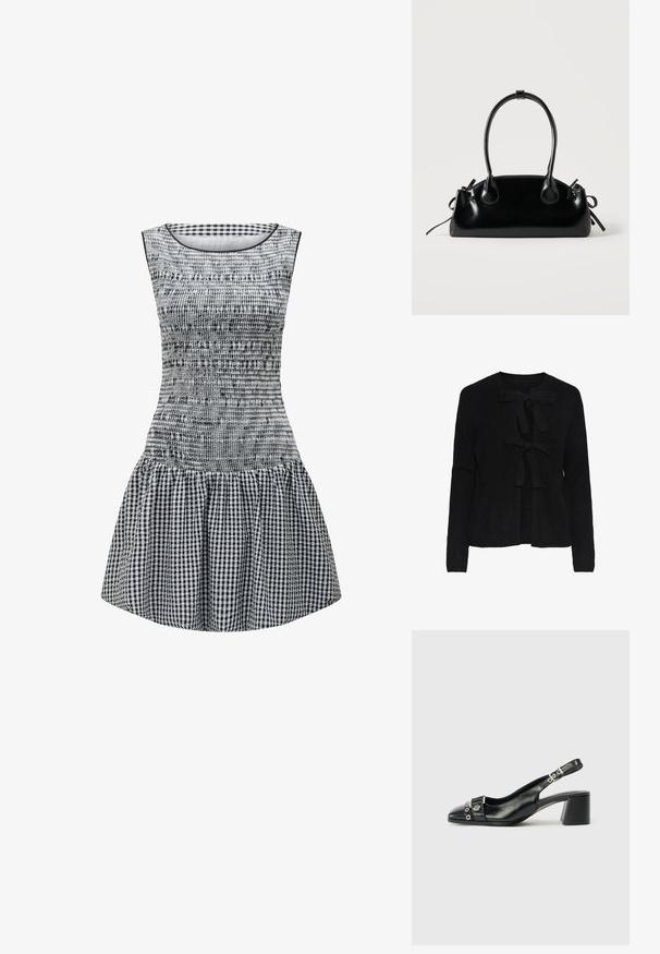 Mustatud kootud kardigan ümmarguse kaelusega, millel on kaks eesistuvat sidumisnööri ja tekstuuriline muster. Pika varrukaga ja lühendatud pikkusega.; Mustriline mustriga mustri ja sobiva taljega must ja valge gingham kleit, smockitud tekstuuriga ja kootud seelikuosaga. Lihtne ümar kaelus ja ilma varrukateta disain.; Must musta slingi kontsaga, millel on terav nina, tekstuuriga rihm, millel on ümmargused metallaktsendid ja kihiline plokkkonts.; Väike must läikiv käekott kahe pika sangaga ja külgedel paelakinnitustega, ühel lihtsal helel taustal.