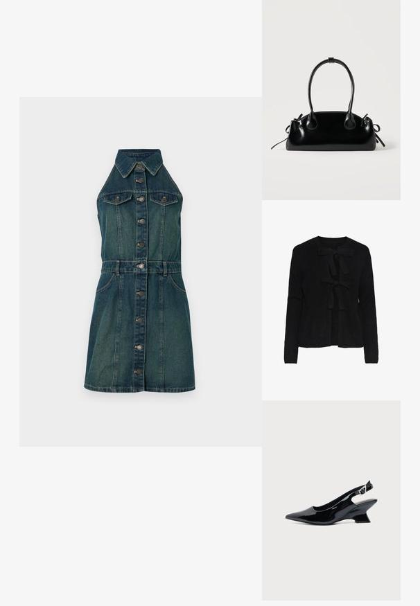 Cárdigan de punto negro con escote redondo, que cuenta con dos lazos frontales y un patrón texturizado. Mangas largas y longitud recortada.; Vestido de denim con cuello camisero, cierre frontal de botones y dos bolsillos en el pecho. Color azul oscuro con una textura ligeramente desgastada.; Zapato slingback de cuero charol negro con puntera puntiaguda y tacón bajo en bloque inclinado sobre fondo claro liso.; Pequeño bolso negro brillante con dos asas largas y detalles de cordón lateral sobre un fondo claro liso.