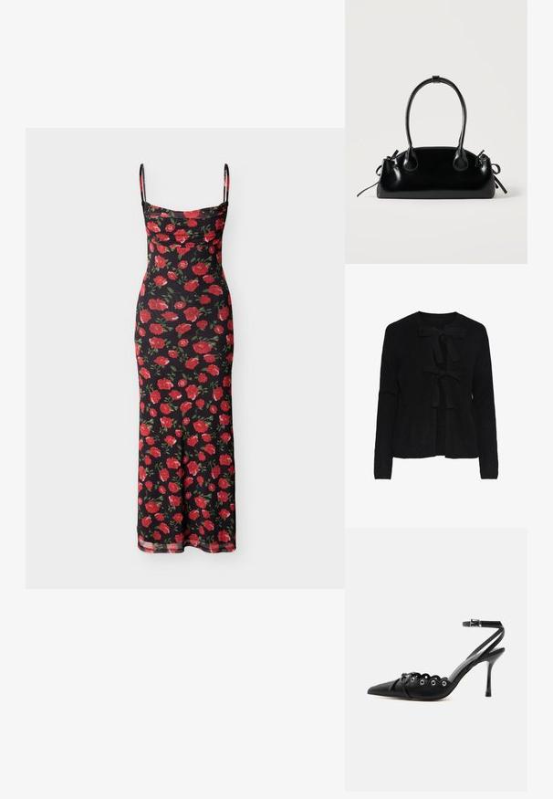 Cardigan noir en tricot avec un col rond, présentant deux liens sur le devant et un motif texturé. Manches longues et longueur cropped.; Robe longue noire à bretelles fines spaghetti avec imprimé de roses rouges et un col froncé.; Chaussure à talon haut noire à bout pointu, bords festonnés, œillets métalliques, lacets à l'avant et bride de cheville avec fermeture à boucle.; Petit sac à main noir brillant avec deux longues anses et des détails à cordon sur les côtés sur un fond clair uni.