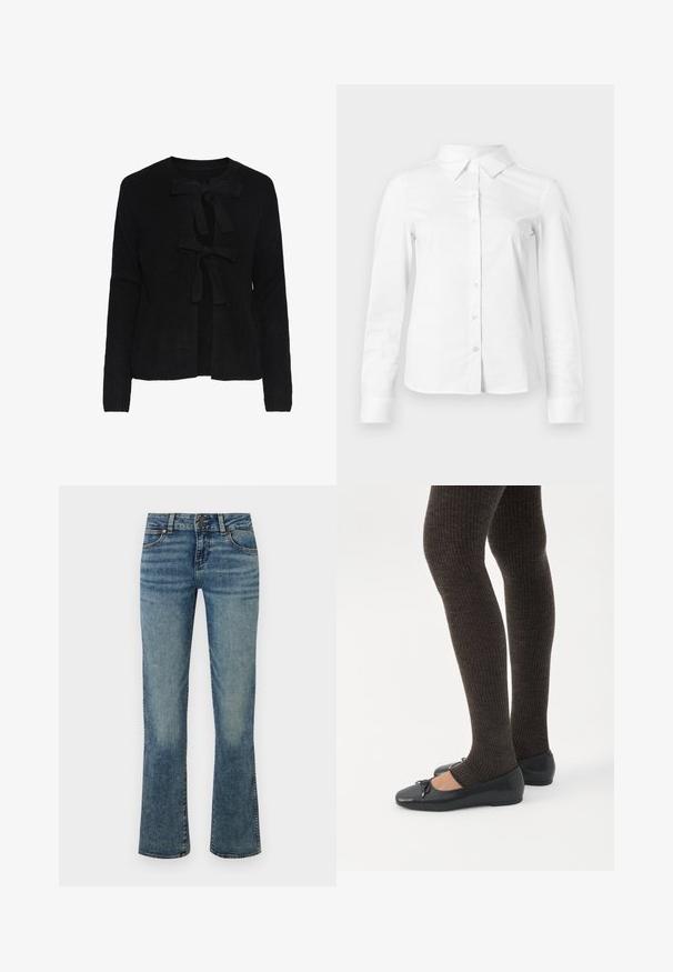 Zwarte gebreide cardigan met een ronde hals, voorzien van twee voorknoopjes en een gestructureerd patroon. Lange mouwen en een cropped lengte.; Witte blouse met lange mouwen en knopen, met puntige kraag, rechte zoom en aansluitende silhouet, weergegeven op een effen lichte achtergrond.; Blauwe denim jeans met een taille op heuphoogte, knoopsluiting, voorzakken en licht uitlopende pijpen met vervaagde details.; Benen met donkere geribbelde leggings gecombineerd met zwarte ballerina's met kleine strikdetails op een witte achtergrond.