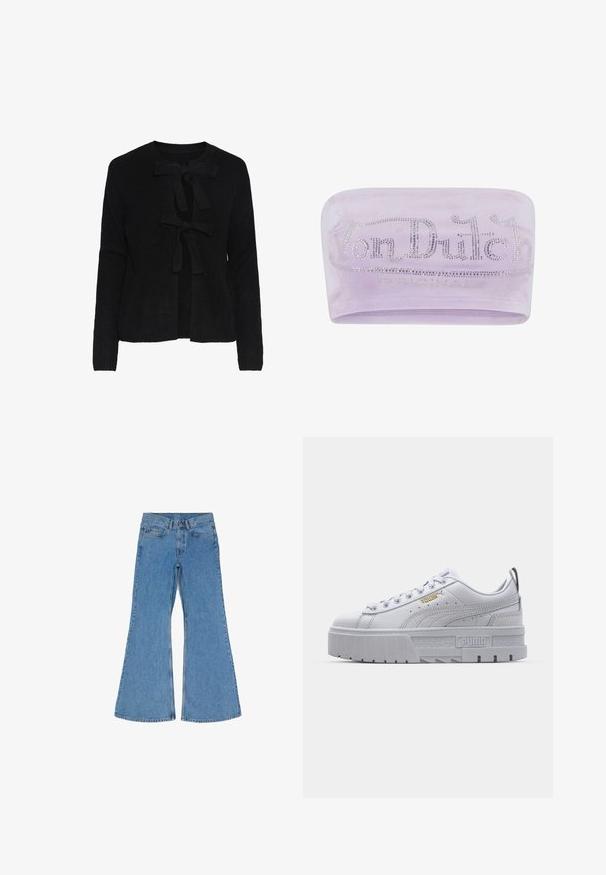 Cárdigan de punto negro con escote redondo, que cuenta con dos lazos frontales y un patrón texturizado. Mangas largas y longitud recortada.; Diadema de terciopelo morado con un logo metálico plateado de "Von Dutch", adornada con rhinestones, textura suave y diseño elástico.; Jeans de mezclilla azul de cintura alta con piernas acampanadas amplias, botón y cremallera frontal, y diseño de cinco bolsillos, dispuestos sobre un fondo blanco.; Zapatillas de plataforma blancas con parte superior de cuero suave, cuello acolchado, suela de goma gris y detalles dorados que presentan el logo de Puma.