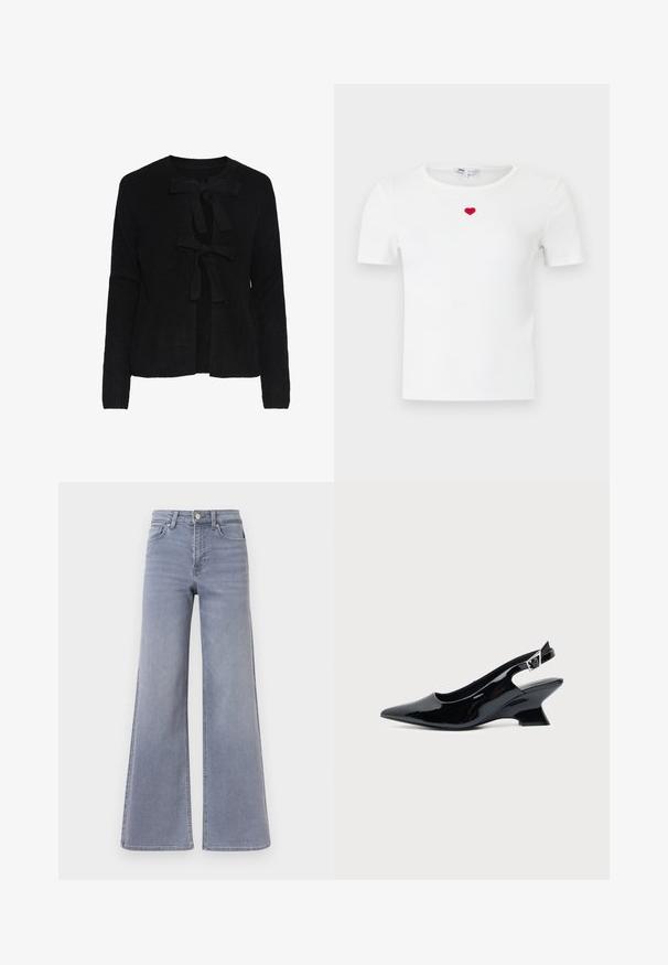 Sort strikket cardigan med rund halsudskæring, prydet med to frontsnøringer og et struktureret mønster. Lange ærmer og cropped længde.; Hvid, ribstrikket t-shirt med korte ærmer og et lille rødt hjerte broderet på midten af brystet under halsudskæringen.; Lys blå cowboybukser med vide ben og høj talje, lukkes foran med knap og lynlås, med lommer foran og bagpå, vist på en hvid baggrund.; Sort laklæder slingback sko med spids tå og lav vinklet blokhæl på ensartet lys baggrund.
