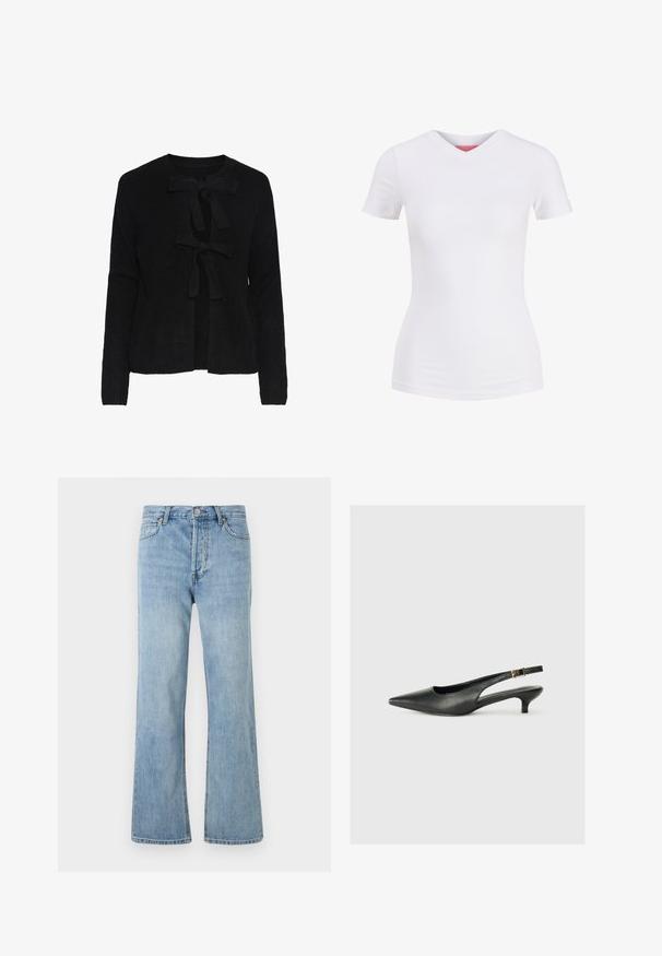 Cárdigan de punto negro con escote redondo, que cuenta con dos lazos frontales y un patrón texturizado. Mangas largas y longitud recortada.; Camiseta blanca ajustada de manga corta con cuello en V, mostrada sobre un fondo liso, vista frontal.; Jeans de mezclilla de talle alto de color azul claro con cierre de botón, bolsillos delanteros y traseros, y corte recto sobre un fondo blanco.; Zapato de tacón slingback negro de punta afilada, hecho de cuero suave. Presenta un tacón delgado y un detalle de hebilla en la correa ajustable.