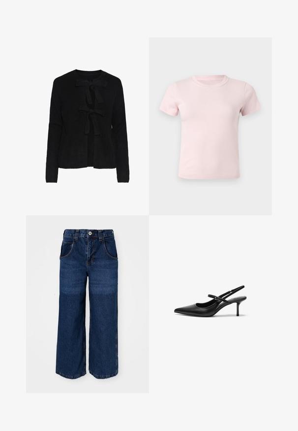 Sort strikket cardigan med rund halsudskæring, prydet med to frontsnøringer og et struktureret mønster. Lange ærmer og cropped længde.; Lyserød t-shirt med korte ærmer og rund hals, ensfarvet design, vist fladt mod en hvid baggrund.; Bredde ben mørkeblå jeans lavet af denim. Har fem lommer, en knaplukning og synlige sømme med en let falmet tekstur.; Sorte læder slingback hæle med spids tå, slank justerbar rem og en stiletto hæl på cirka 5 cm, glat tekstur.