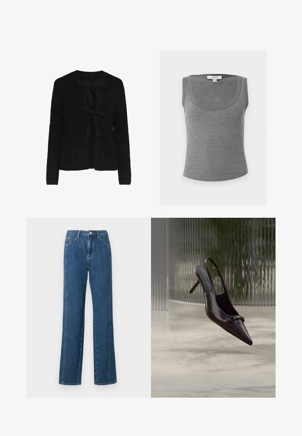 Sort strikket cardigan med rund halsudskæring, prydet med to frontsnøringer og et struktureret mønster. Lange ærmer og cropped længde.; Grå ribbet ærmeløs tanktop med rund halsudskæring, med et lille hvidt Topshop-mærke i nakken indvendigt.; Blå denimjeans med en afslappet pasform, der har høj talje, fem lommer og kontrasterende syninger. Stofoverfladen har en glat tekstur.; Blank sort spids røvhælssandal med lille dekorativ spænde, svævende over en beton gulv med en tekstureret glas baggrund.