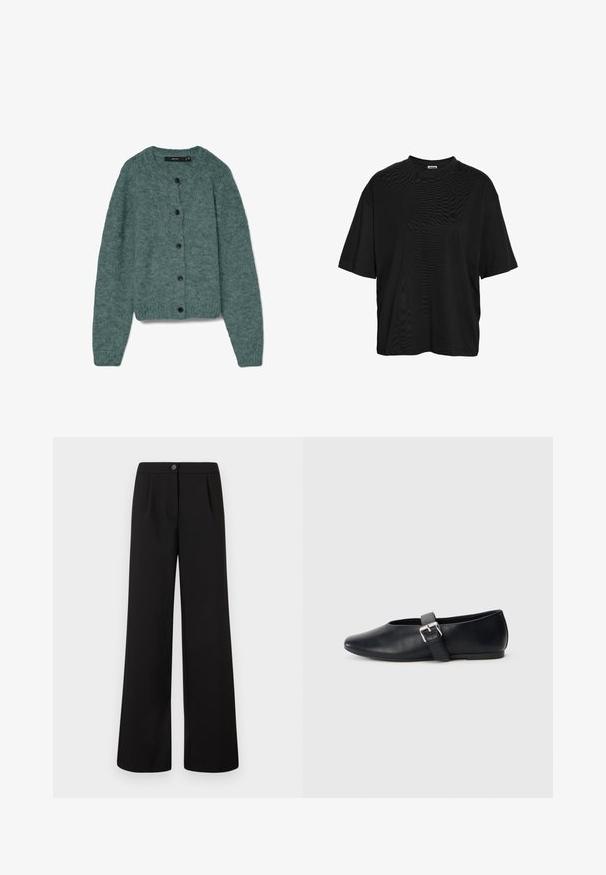 Grøn strikket cardigan med rund halsudskæring, lange ærmer og fem mørke knapper foran. Blød tekstur med et hyggeligt udseende.; Sort oversized T-shirt med korte ærmer og rund hals, enkelt design med en lille label ved halslinningen.; Sorte højtaljede bukser med brede ben, der har frontknap og lynlås-lukning, og med subtile plisseringer under taljen.; Sorte flade lædersko med rund tådesign, der har en sidespænde og en glat overflade. Lav profil sål for nem brug.