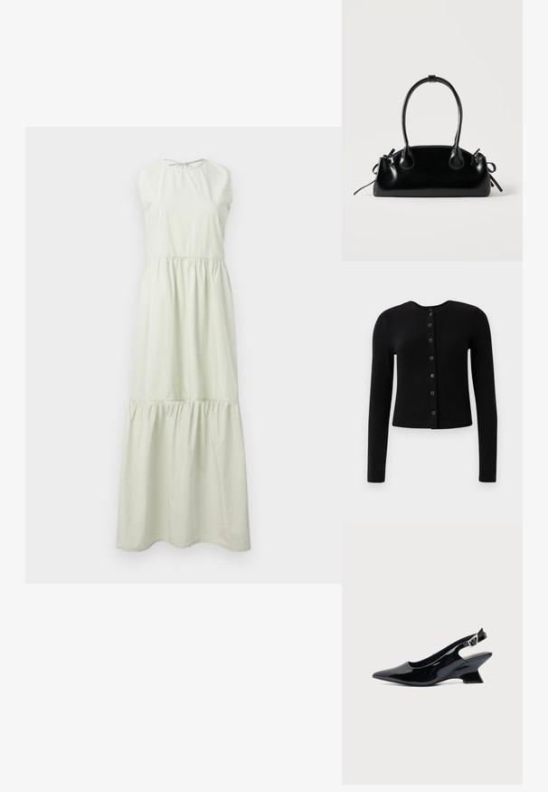 Cardigan negro de manga larga con canalé, cuello redondo y cierre central de botones, que cuenta con botones metálicos y una silueta ajustada.; Vestido maxi en verde claro, con escote redondo, diseño sin mangas y secciones acampanadas y fruncidas. Tejido de algodón suave con una forma fluida.; Zapato slingback de cuero charol negro con puntera puntiaguda y tacón bajo en bloque inclinado sobre fondo claro liso.; Pequeño bolso negro brillante con dos asas largas y detalles de cordón lateral sobre un fondo claro liso.