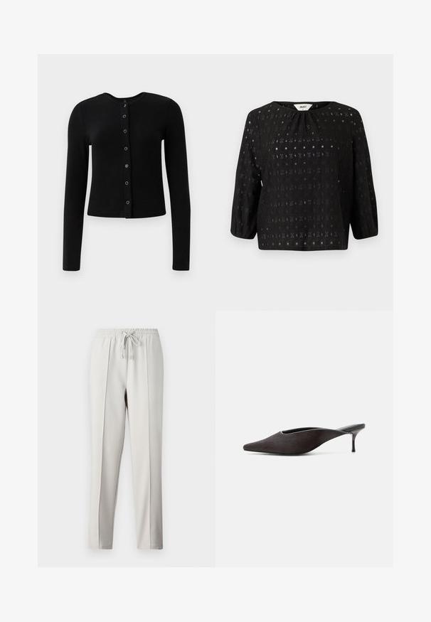 Cardigan long à manches longues noir à côtes avec un col rond et une fermeture à boutons centraux, présentant des boutons métalliques et une silhouette ajustée.; Haut noir en tissu texturé avec un motif complexe. Présente un col rond et des manches trois-quarts.; Pantalons de jogging gris clair avec une taille élastique, un cordon de serrage et des coutures latérales. Confectionnés en tissu lisse pour un ajustement décontracté.; Mule noire à bout pointu, talon stiletto bas et finition lisse et élégante, vue de profil sur fond blanc.