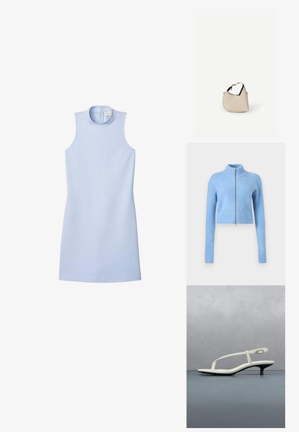 Pull cropped bleu clair en tissu doux et texturé. Il présente un col montant et une fermeture éclair à l'avant avec des poignets côtelés.; Robe mini sans manches bleu clair avec col montant et fermeture éclair au dos, en tissu lisse, étiquette Calvin Klein Jeans à l'intérieur du col.; Sandale blanche à talon kitten avec des lanières et un bout pointu, flottant au-dessus d'un sol en carrelage en bois en plein air avec un arrière-plan flou de plante et de mur.; Sac à main en cuir beige en forme de croissant avec une seule bandoulière et des coutures minimalistes, posé sur un fond blanc uni.
