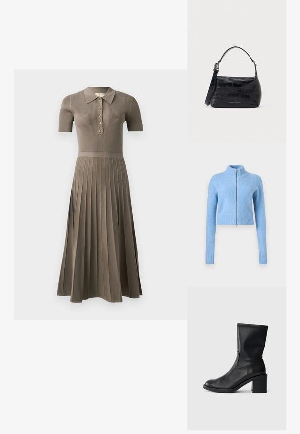 Lys blå, cropped sweater lavet af blødt, struktureret stof. Har en høj krave og en foran lynlås med ribbede manchetter.; Ribbede midikjole i gråbrun med korte ærmer, polo-krave, guldknaplukning og plisseret kjoldesign. Blød tekstur.; Sort læder ankelstøvle med rund tå, glat tekstur og en grov hæl, der har et tætsiddende skaft og subtil syning.; Sort skuldertaske i krokodillepræget læder med øverste håndtag og logo trykt på forsiden.