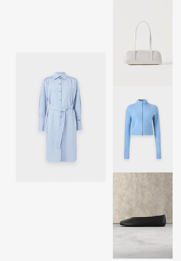 Hellblau, kurzer Pullover aus weichem, strukturiertem Stoff. Hat einen hohen Kragen und einen Frontreißverschluss mit gerippten Bündchen.; Hellblaues, langärmeliges Hemdkleid mit vertikalen dunklen Streifen und einem passenden Selbstbindegürtel in der Taille.; Schwarze Leder-Ballerinas mit runder Zehenpartie, glatter Textur und einem goldenen Logo-Akzent an der Seite. Positioniert über einer reflektierenden Oberfläche.; Weiße rechteckige Schultertasche mit langen dünnen Trägern, minimalen Nähten und Reißverschlussverschluss vor einem schlichten Hintergrund.