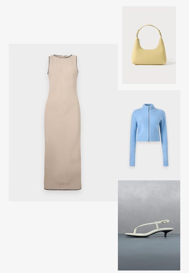 Hellblau, kurzer Pullover aus weichem, strukturiertem Stoff. Hat einen hohen Kragen und einen Frontreißverschluss mit gerippten Bündchen.; Beige ärmelloses Maxikleid mit glatter Textur, runder Halslinie und dezenter schwarzer Borte entlang der Kanten.; Weiße Riemchenpantolette mit kitten heel und spitz zulaufender Zehenpartie, schwebt über einem Holzkachelboden im Freien mit verschwommenem Pflanzen- und Wandhintergrund.; Gelbe Ledertasche mit geschwungener Silhouette, kurzem verstellbarem Riemen und einem Reißverschlussfach. Auf der Vorderseite befindet sich ein dezentes Logo.