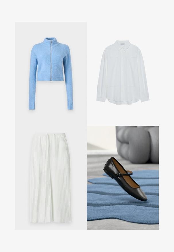 Lys blå, cropped sweater lavet af blødt, struktureret stof. Har en høj krave og en foran lynlås med ribbede manchetter.; Hvid langærmet skjorte med knapper lavet af et glat stof, med en klassisk krave, to forlommer og sammensnørede manchetter.; Hvid plisseret nederdel med snøre i taljen, der har lodrette linjer og en blød tekstur, falder lige under knæet.; Sort læder Mary Jane-sko med spænde, vist på et struktureret blåt tæppe, med en sløret grå tuftet sofa i baggrunden.