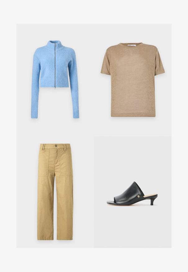 Lys blå, cropped sweater lavet af blødt, struktureret stof. Har en høj krave og en foran lynlås med ribbede manchetter.; Beige kortærmet T-shirt lavet af letvægtsstof, med rund halsudskæring og en afslappet pasform med en glat overflade.; Beige bomulds cargo bukser med høj talje, to forsyningslommer og en afslappet pasform. Har en hægte- og lynlåslukning foran.; Sorte læder open-toe mules med en lav hæl. Har en glat overflade og et guld logo-prim på siden.