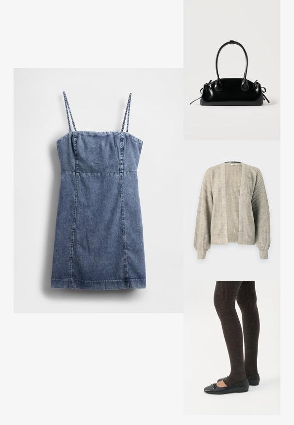 Lys beige strikket cardigan med åben front, ribbet tekstur og ballonærmer. Har en afslappet pasform og let stræk.; Denimkjole med tynde stropper, tætsiddende bodice og udvidet nederdel. Har en mørkeblå vask og syningsdetaljer langs sømmene.; Ben iført mørke ribbede leggings kombineret med sorte balletsko med små sløjfedetaljer på hvid baggrund.; Lille sort blank håndtaske med to lange håndtag og snøre-detaljer i siden på en ensfarvet lys baggrund.