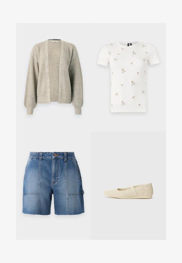 Lichtbeige gebreide cardigan met een open voorkant, geribbelde textuur en ballonmouwen. Heeft een relaxte pasvorm en een lichte stretch.; Witte katoenen T-shirt met korte mouwen, voorzien van een geribbelde textuur en verspreide bloemrijke borduursels in roze en groen.; Lichte blauwe denim short met een rafelige zoom, uitgerust met een aansluitende taille, riemlussen en twee voorkeepockets.; Beige ballerina's met een gladde leren buitenkant, amandelvormige punt en elastische band over de wreef, met subtiele stiksels.
