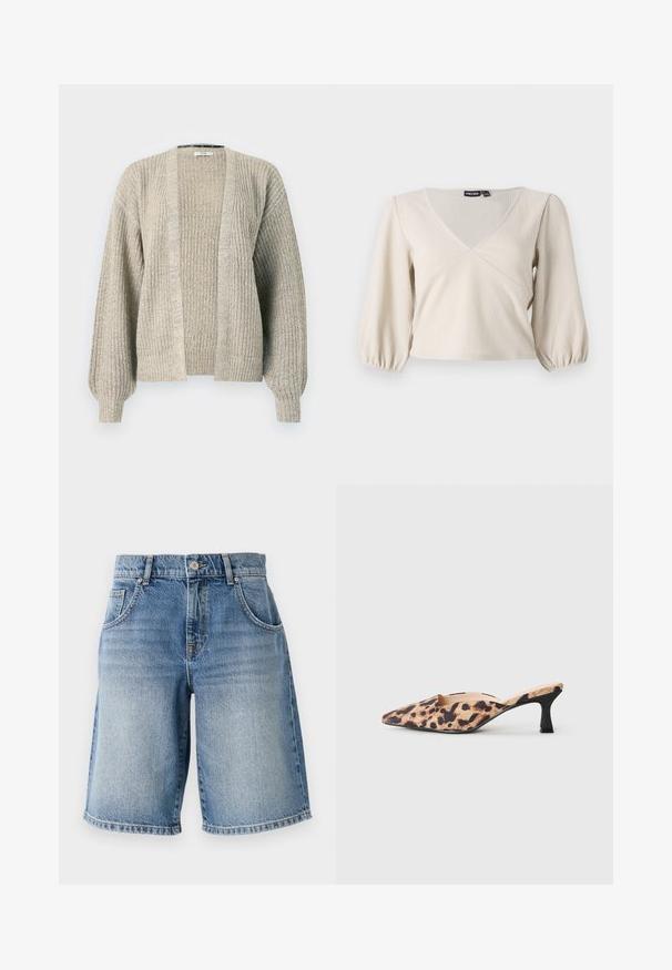 Lichtbeige gebreide cardigan met een open voorkant, geribbelde textuur en ballonmouwen. Heeft een relaxte pasvorm en een lichte stretch.; Lichtbeige blouse met een V-hals, textuurstof en 3/4 pofmouwen. Heeft een getailleerde taille en lichte plooien bij de mouwen.; Lichte blauwe denimshorts met een rechte snit, vijf zakken en bronzen hardware. Heeft een rafelrand en een vervaagde wassing.; Puntige muil met een luipaardprint bovenkant en een lage zwarte kittenhak op een lichte achtergrond.