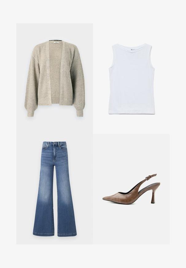 Cárdigan de punto en beige claro con abertura frontal, textura acanalada y mangas globo. Presenta un ajuste relajado y una ligera elasticidad.; Camiseta blanca sin mangas de algodón con un amplio escote redondo y dobladillo recto, mostrada extendida sobre un fondo blanco.; Good American GOOD WAIST PALAZZO COMPRESSION - Vaqueros a campana - indigo; Zapato destalonado de piel marrón con tacón alto, punta estrecha, tira ajustable con hebilla y tacón delgado y cónico.