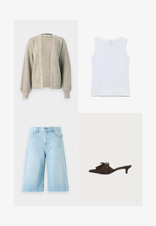 Lys beige strikket cardigan med åben front, ribbet tekstur og ballonærmer. Har en afslappet pasform og let stræk.; Ærmeløs hvid bomuldstop med bred rund halsudskæring og lige kant, vist fladt på en hvid baggrund.; Lyseblå denimshorts med en løs pasform, flosset kant, fem lommer og metalhardware. Klassisk jeansdesign med subtil falming.; Brun ruskind mule-sko med spids tå, lav kittenhæl, snøring med sløjfe og kvastdetaljer på hvid baggrund.