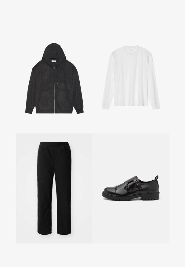 Haut à zip gris graphite avec capuche à cordon, texture côtelée et poches avant. Présente des manches longues et une coupe décontractée.; T-shirt blanc en coton à manches longues avec col rond, doté de poignets côtelés et d'un ourlet droit, texture lisse et design minimaliste.; Pantalons en coton noir avec une coupe décontractée, taille élastique, deux poches avant et jambes droites. Texture lisse sans motifs visibles.; Pier One by Zalando Mocassins de ville - black