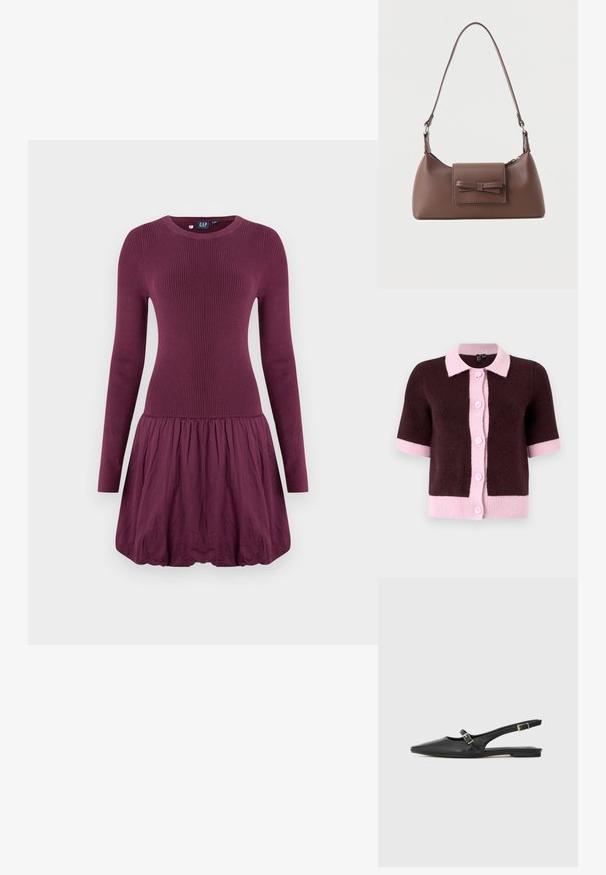 Korte mouwen cardigan van donkerbruin breimateriaal, met een lichtroze kraag en knoopsluiting, en contrasterende roze zoom en manchetten.; Paarse jurk met een geribbelde lijfje, lange mouwen en een geplooide rok. De stof oogt glad en heeft een lichte textuur.; Zwarte leren slingback schoenen met een spitse neus, voorzien van een smalle band en een zilveren gesp aan de zijkant. Platte zool.; Bruine leren schoudertas met een voorvak met klep en een gestikte strikdetail en een verstelbare band.