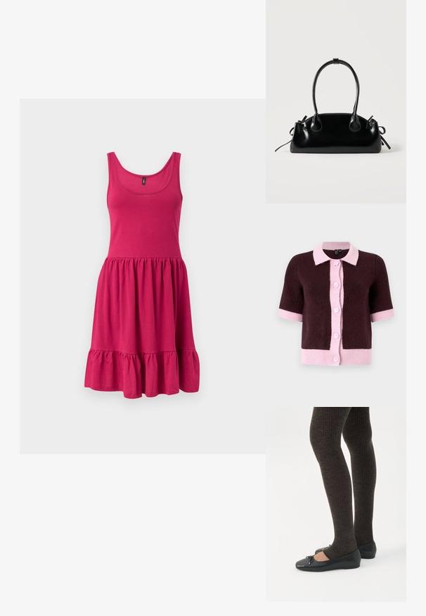 Korte mouwen cardigan van donkerbruin breimateriaal, met een lichtroze kraag en knoopsluiting, en contrasterende roze zoom en manchetten.; Mouwloze roze katoenen jurk met ronde halslijn, geplooide taille en een gerimpelde zoom op een effen lichte achtergrond.; Benen met donkere geribbelde leggings gecombineerd met zwarte ballerina's met kleine strikdetails op een witte achtergrond.; Kleine zwarte glanzende handtas met twee lange hengsels en zijkant trekkoord details op een effen lichte achtergrond.