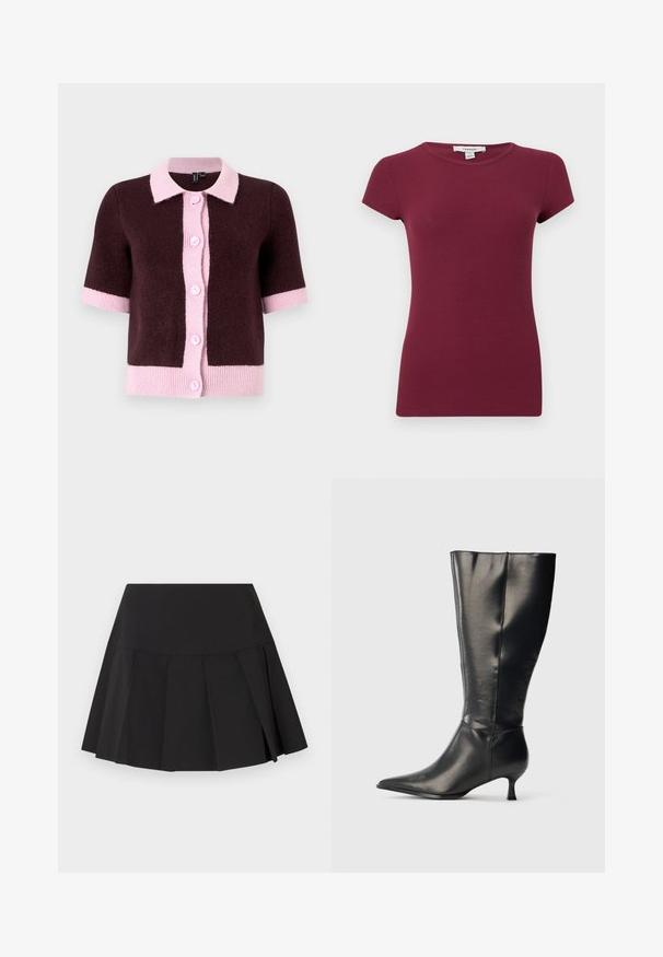 Korte mouwen cardigan van donkerbruin breimateriaal, met een lichtroze kraag en knoopsluiting, en contrasterende roze zoom en manchetten.; Paars geribd T-shirt met korte mouwen, ronde hals, een aangesloten silhouet en een effen textuur, gepresenteerd tegen een effen achtergrond.; Zwarte geplooide minirok met een brede tailleband, gelijkmatig verdeelde verticale plooien en een licht uitlopende zoom.; Zwarte leren kniehoge laars met puntige neus en lage kittenhak, weergegeven op een effen lichte achtergrond.