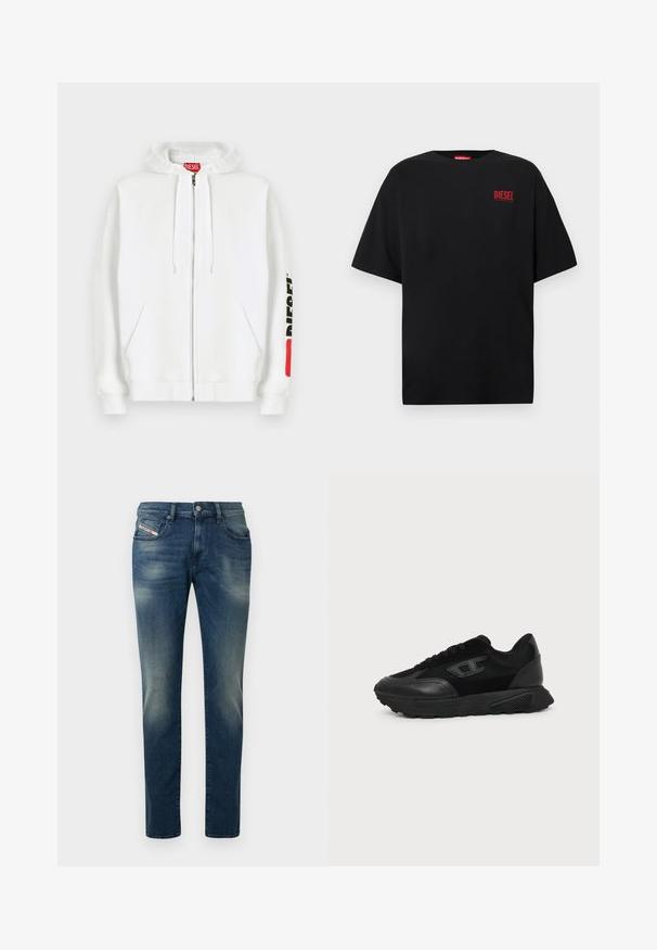 Sweat à capuche blanc zippé avec poches avant, capuche à cordon de serrage et logo noir "DIESEL" sur la manche droite près d'un patch rouge rectangulaire.; T-shirt noir en coton, avec des manches courtes, un col rond, et un logo rouge "DIESEL" sur le côté gauche de la poitrine.; Jean en denim bleu foncé avec un effet délavé, coupe droite et genou légèrement usé. Comprend des poches avant et une fermeture par bouton en métal.; Baskets basses noires avec semelle texturée, dessus en mesh et cuir, fermeture à lacets devant, et petit logo embossé sur le panneau latéral.