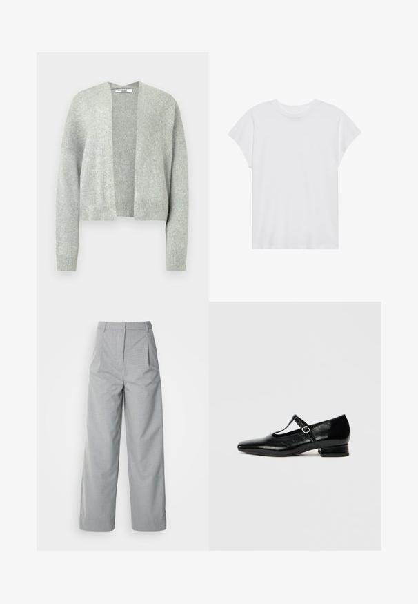 Lys grå strik cardigan med åben front, drop skuldre og ribbede manchetter. Blød tekstur med et subtilt meleret mønster.; Hvid kortærmet t-shirt med rund hals, afslappet pasform, lavet af blødt bomuldsstof. Glat tekstur, ingen mønstre eller logoer.; Grå bredebukser lavet af tekstureret stof, med høj talje, læg foran og en lige pasform ned til kanten.; Sorte Mary Jane-sko i læder med spids tå, lille blokhæl og justerbar rem med sølvspænde. Glat, blank tekstur.