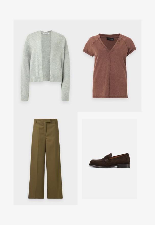 Lys grå strik cardigan med åben front, drop skuldre og ribbede manchetter. Blød tekstur med et subtilt meleret mønster.; Brun kortærmet V-hals T-shirt med synlige sømme og et sort "ANNA FIELD" mærke på indersiden af halsudskæringen.; Olivenfarvede bukser med vidde i benene i struktureret stof, med flad front, bæltestropper og sidelommer, der har en skræddersyet pasform og rene linjer.; Brun ruskindslipper med rundet tå, dekorative syninger og en lav sort hæl. Har en glat inderside for komfort.