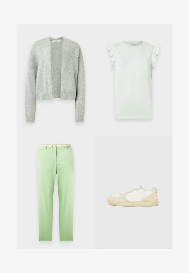 Lys grå strik cardigan med åben front, drop skuldre og ribbede manchetter. Blød tekstur med et subtilt meleret mønster.; Lys grøn t-shirt med korte ærmer og flæser på skuldrene. Fremstillet af blødt bomuld, med rund halsudskæring og lige kant.; Lysegrønne bomuldsbukser med lige pasform, som har et vævet beige bælte, frontlomme og ingen synlige mønstre eller udsmykninger.; Hvid og beige sneaker med en overdel i ruskind og tekstil, med kontrastsyninger, en gummisål og en lyseblå detalje på hælen.