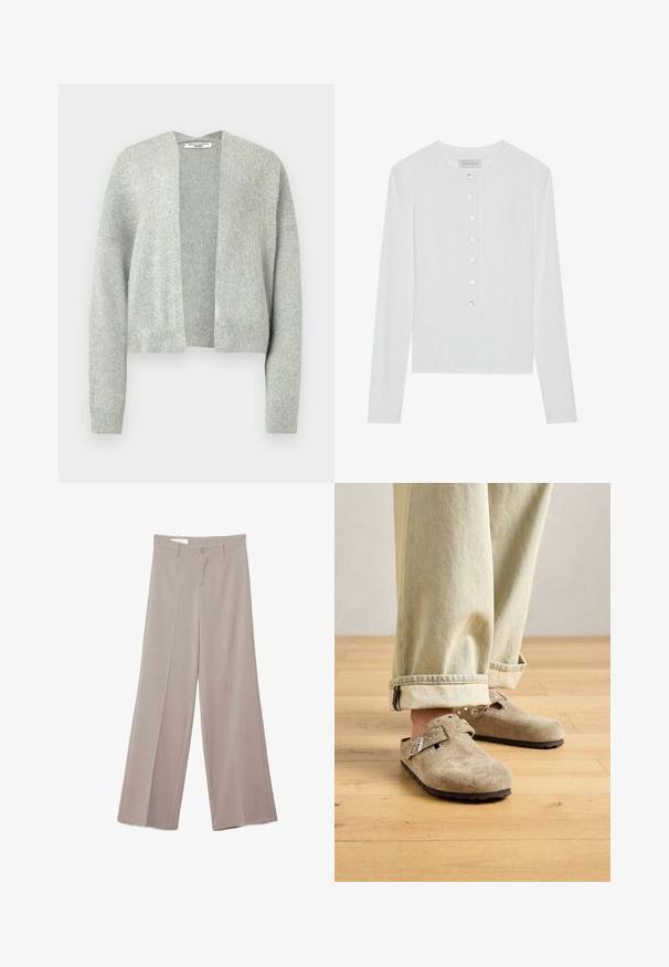 Lys grå strik cardigan med åben front, drop skuldre og ribbede manchetter. Blød tekstur med et subtilt meleret mønster.; Hvid langærmet top lavet af ribbet stof, med en rund halsudskæring og en knaplukning foran med seks klare knapper.; Beige bukser med vide ben, flad front, to forlommer, knaplukning og en glat, let struktureret stofoverflade.; Lys beige ruskindsslip-on klipklapper med metalspænde og nitte detaljer iført med opfoldede lysvaskede jeans på trægulv.