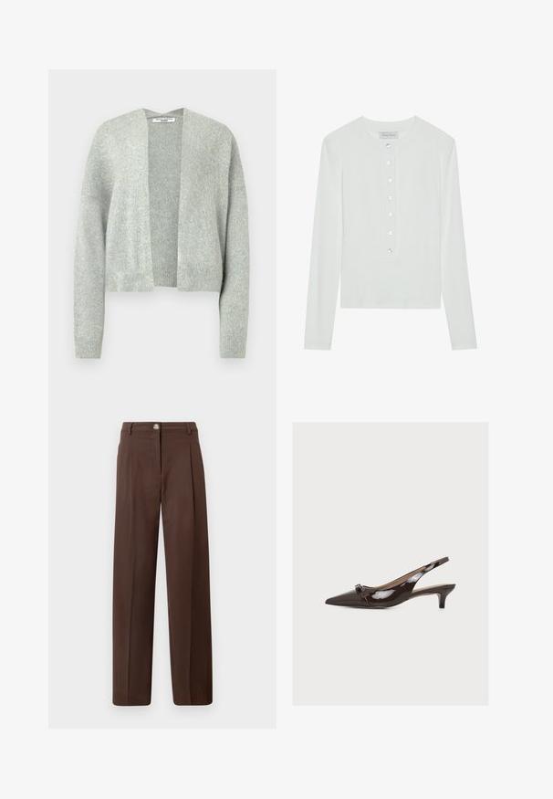 Gilet en maille de couleur gris clair avec un devant ouvert, des épaules tombantes et des poignets côtelés. Texture douce avec un motif chiné discret.; Haut à manches longues blanc en tissu côtelé, avec un col rond et un devant boutonné comportant six boutons transparents.; Pantalon marron taille haute à jambes droites avec bouton à l’avant, braguette zip, passants de ceinture et poches latérales sur un fond neutre.; Chaussure slingback en cuir verni marron foncé avec bout pointu, petit talon kitten et boucle décorative sur la bride avant.