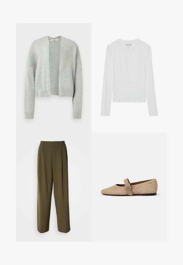Lichtgrijze gebreide cardigan met een open voorkant, drop schouders en geribde manchetten. Zachte textuur met een subtiele heatherpatroon.; Witte lange mouwen top van ribstof, met een ronde halslijn en een knopenfront met zes doorzichtige knopen.; Olijfgroene wijde broek van een gladde stof, met een hoge taille, plooien aan de voorkant en zijzakken voor functionaliteit.; Beige suède Mary Jane balletschoenen met een spitse neus en een enkele verstelbare band met een zilveren gesp. Zwarte platte zool.