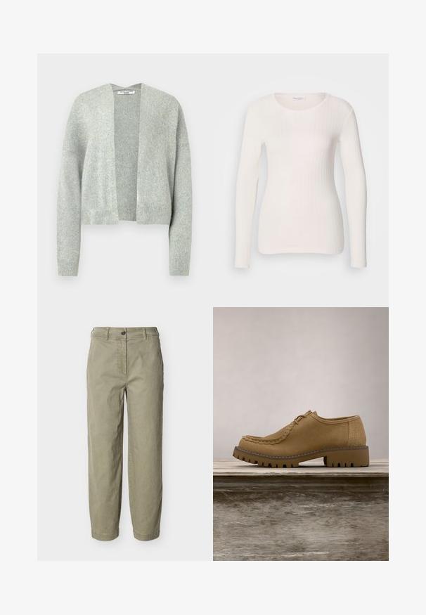 Lys grå strik cardigan med åben front, drop skuldre og ribbede manchetter. Blød tekstur med et subtilt meleret mønster.; Hvid langærmet ribbet top med rund halsudskæring, glat tekstur og tætsiddende design. Subtile lodrette linjer skaber et strømlinet udseende.; Lyse khaki bukser med lige ben, bæltestropper, knaplukning og lynlås, vist på en ensfarvet baggrund.; Beige ruskind snørestøvle med tyk, robust sål svæver over en træbænk mod en sløret grøn græsbaggrund.
