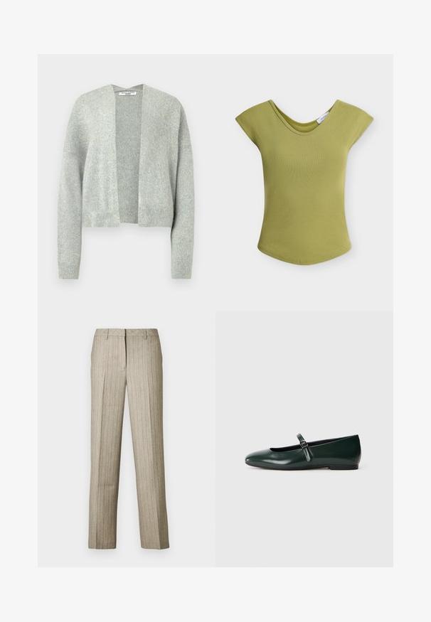 Lys grå strik cardigan med åben front, drop skuldre og ribbede manchetter. Blød tekstur med et subtilt meleret mønster.; Lysegrøn ribbet top med korte ærmer, rund halsudskæring og lille hvid mærkat på kraven mod hvid baggrund.; Beige bukser med nålestriber og et lige ben-design, der har en struktureret linning og en subtil tekstur i hele stoffet.; Mørkegrønne patentlæder flade sko med en enkelt tynd rem og en lille sølvspænde, der har en rund tå og lav hæl.