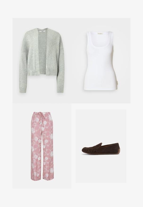 Gilet en maille de couleur gris clair avec un devant ouvert, des épaules tombantes et des poignets côtelés. Texture douce avec un motif chiné discret.; Débardeur blanc côtelé avec un col rond dégagé et des bretelles larges. Présente une étiquette logo sur l'ourlet latéral. Confectionné en tissu doux et extensible.; Pantalon rose à jambes larges avec broderie florale blanche et taille à cordon, présenté sur un fond uni.; Mocassin en daim marron foncé avec couture froncée à l'avant et semelle en caoutchouc, montré de côté sur un fond blanc.