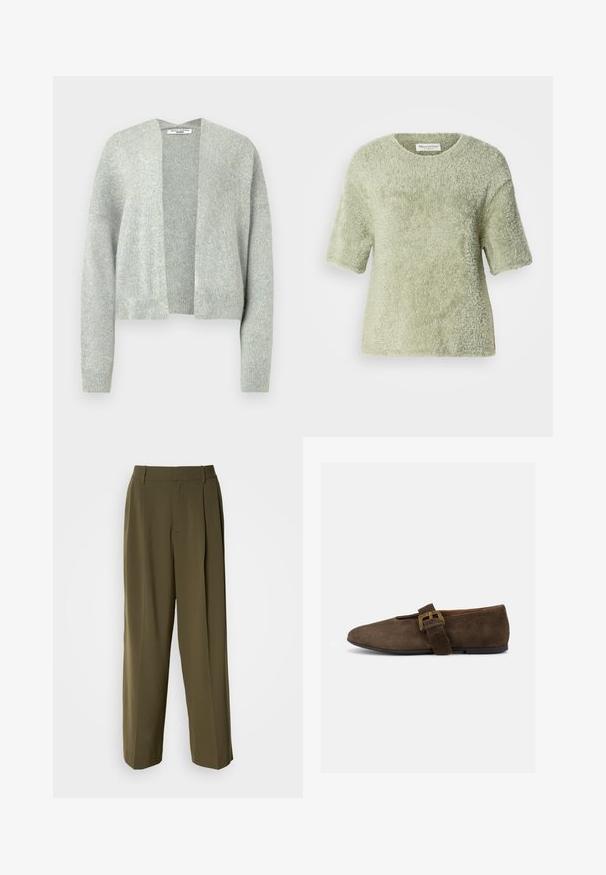 Lichtgrijze gebreide cardigan met een open voorkant, drop schouders en geribde manchetten. Zachte textuur met een subtiele heatherpatroon.; Korte mouwen, zachte pullover in lichtgroen. Zachte textuur, ronde hals, relaxed fit, met een iets losse silhouette en geen zichtbare hardware.; Olijfgroene wijde broek van een gladde stof, met een hoge taille, plooien aan de voorkant en zijzakken voor functionaliteit.; Bruine suède platte schoen met brede band en gouden gesp, afgeronde neus en lage zwarte zool, zijaanzicht op witte achtergrond.
