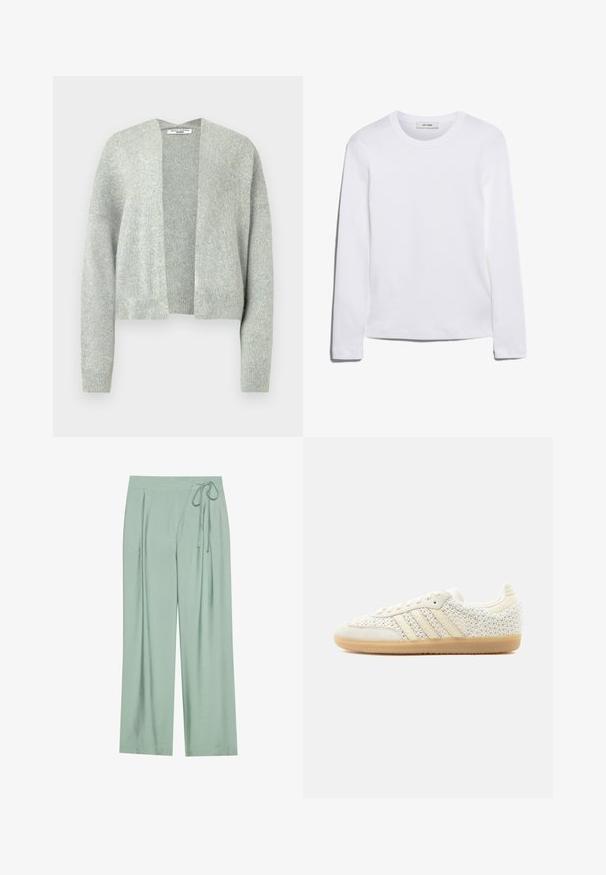 Lys grå strik cardigan med åben front, drop skuldre og ribbede manchetter. Blød tekstur med et subtilt meleret mønster.; Langærmet hvid T-shirt lavet af ribbet bomuld, med rund halsudskæring og lige kant. Simpelt design uden mønstre eller accenter.; Lysgrønne bredde benbukser med en glat tekstur, snor i livet og plisser foran.; Hvid lavtop-sneaker med tekstureret vævet stof, beige læderstriber og gummisål, vist fra ydersiden mod en ensfarvet baggrund.
