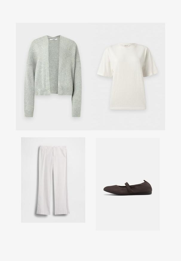 Lys grå strik cardigan med åben front, drop skuldre og ribbede manchetter. Blød tekstur med et subtilt meleret mønster.; Hvid, ensfarvet T-shirt med korte ærmer og rund hals, afslappet pasform og synligt mærkelabel ved halsudskæringen.; Hvide bukser med lige ben, foran lynlås og knaplukning, vist fladt på en hvid baggrund.; Brun balletsko med elastisk rem og rundet tå, vist mod en hvid baggrund, sideudsigt.