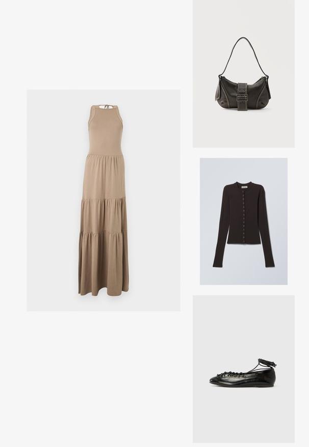Cardigan noir à manches longues en tissu doux, avec un col rond et une fermeture à boutons à l'avant avec des boutons en métal.; Robe maxi beige sans manches avec un lien noué au cou et une jupe froncée à trois niveaux, présentée sur un fond uni.; Ballerines en cuir verni noir avec un bout rond, un design à lacets et une semelle plate. Texture lisse avec peu de détails.; Sac à épaule en cuir noir avec une sangle à boucle, des bords arrondis et des coutures blanches contrastées sur un fond uni.